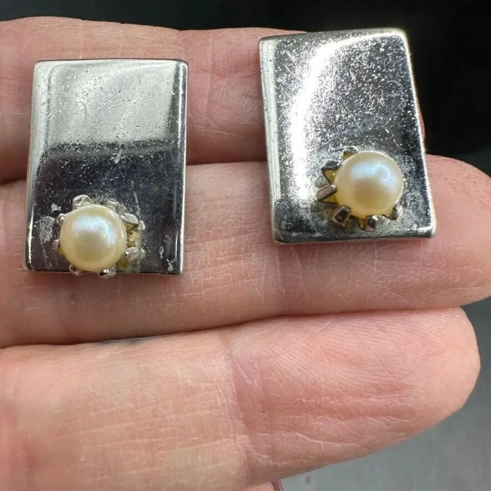 Pioneer Silver Cufflinks Pearl Tuxedo Studs Rectangle Formal Wedding Vintage